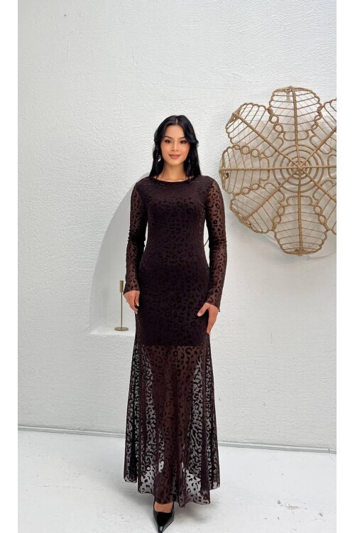 3874-KAHVERENGİ  LEOPAR DESEN FLOK BASKI ELBİSE