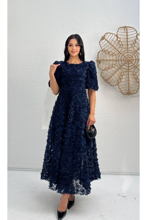 3876-LACİVERT PRENSES OMUZ GÜL KUMAŞ ELBİSE