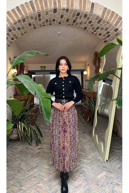 3879 PLİSELİ ŞAL DESEM KEMERLİ ELBİSE