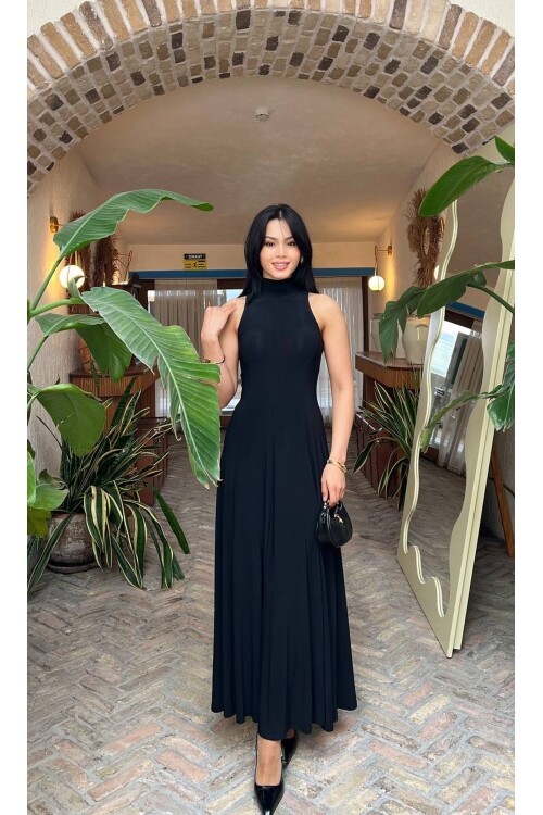 3888-SİYAH SIFIR KOL UZUN BEZİK ELBİSE
