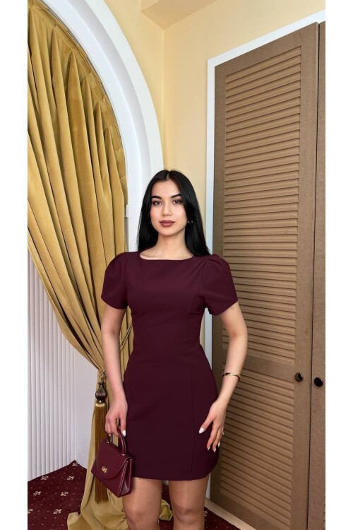 3904-BORDO DOUBLE KUMAŞ PRENSES KOL ELBİSE
