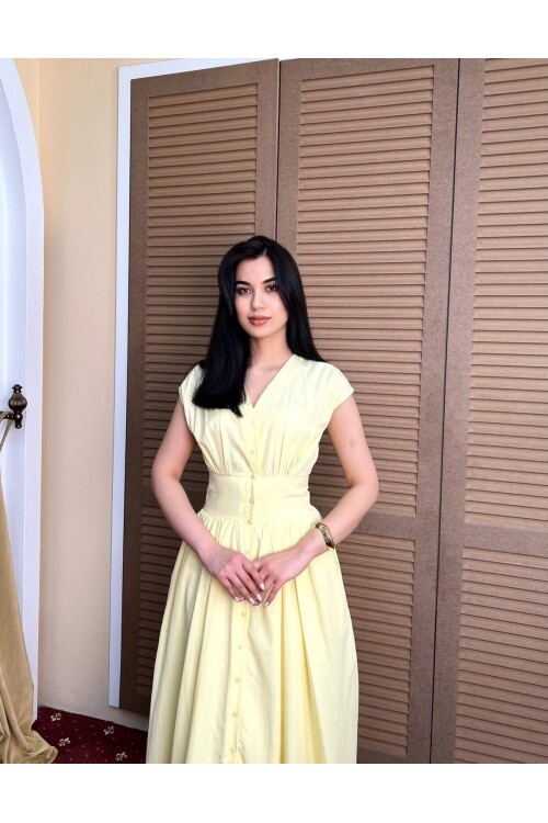 3924-SARI POPLİN KUMAŞ KOMPLE DÜĞMELİ ELBİSE