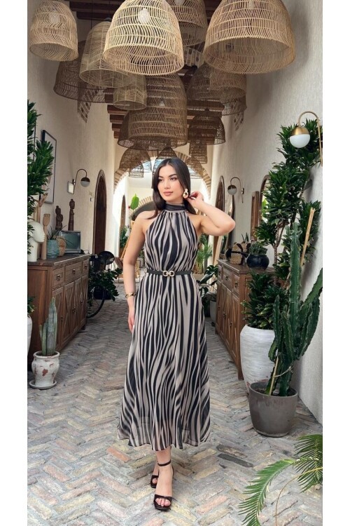 3982-ZEBRA DESEN HLATER YAKA ELBİSE