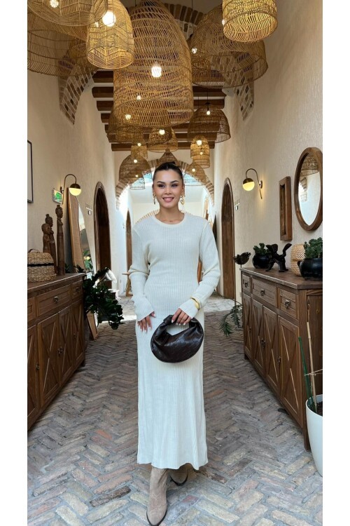 EKRU BAĞLAMALI TRİKO ELBİSE