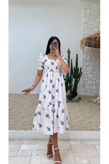 3007-ÇİÇEK DESEN KEMERLİ ELBİSE