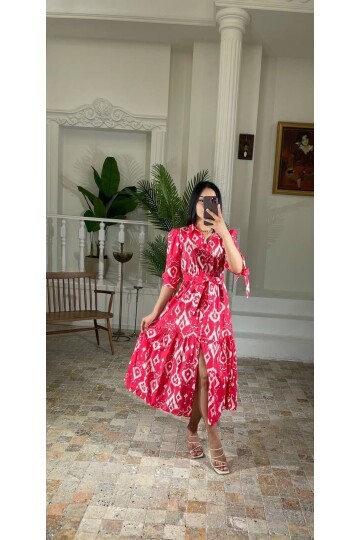 3026-KIRMIZI GÖMLEK YAKA KOL BÜZGÜ KISA KOL ELBİSE