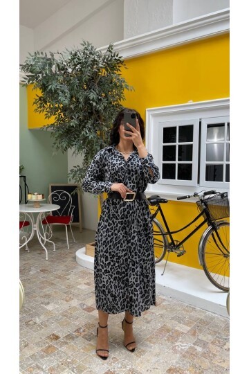 3034-LEOPAR GRİ GÖMLEK ELBİSE