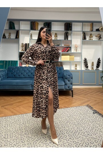 3034-LEOPAR KAHVERENGİ GÖMLEK ELBİSE