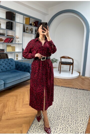 3034-LEOPAR KIRMIZI GÖMLEK ELBİSE