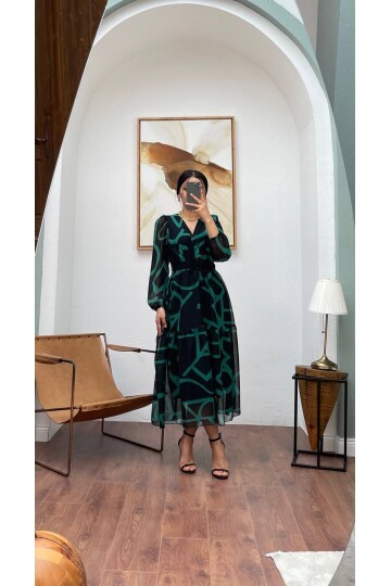 3048-SİYAH ŞİFON KRUVAZE YAKA ELBİSE