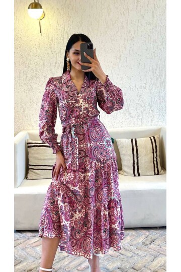 3052-MOR DESENLİ VİSKON UZUN GİPELİ ELBİSE