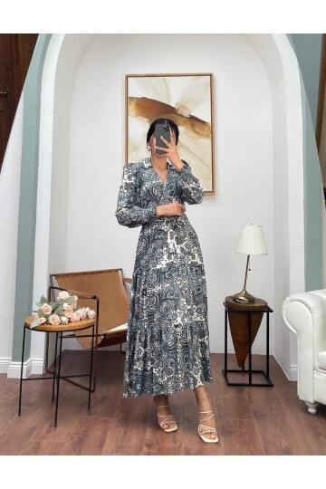 3052-YEŞİL DESENLİ VİSKON UZUN GİPELİ ELBİSE