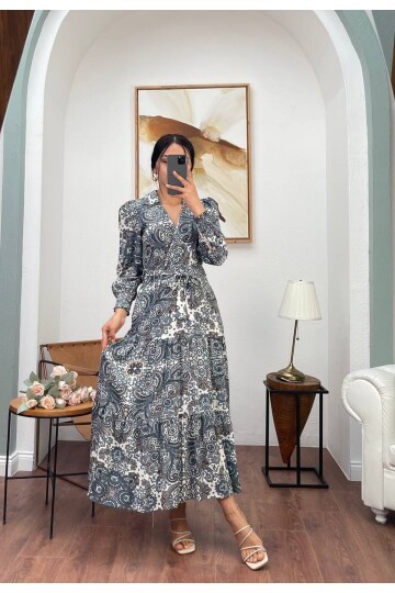 3052-YEŞİL DESENLİ VİSKON UZUN GİPELİ ELBİSE