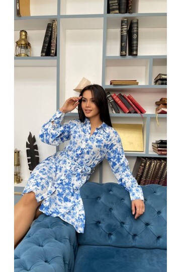 3057-MAVİ ÇİÇEKLİ KISA GÖMLEK EBİSE