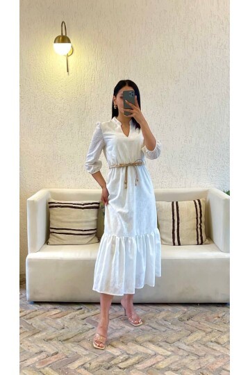 3062-BEYAZ HAKİM YAKA BRODE KUMAŞ UZUN ELBİSE