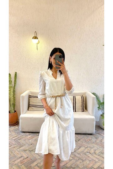 3062-BEYAZ HAKİM YAKA BRODE KUMAŞ UZUN ELBİSE