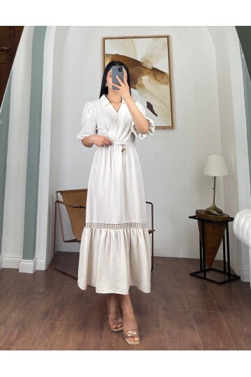 3079-BEJ DÜZ KETEN ALT DANTEL DETAYLI ELBİSE