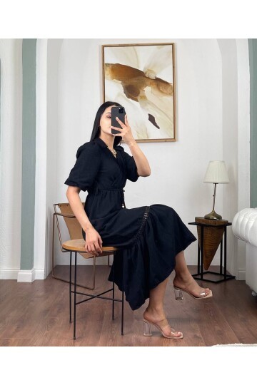 3079-SİYAH DÜZ KETEN ALT DANTEL DETAYLI ELBİSE