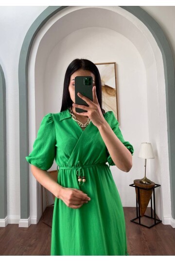 3079-YEŞİL DÜZ KETEN ALT DANTEL DETAYLI ELBİSE