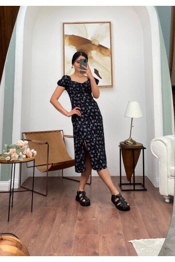 3092-SİYAH ÇITIR DESEN UZUN VİSKON ELBİSE