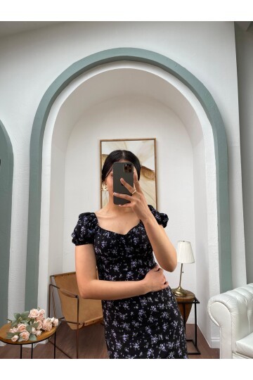 3092-SİYAH ÇITIR DESEN UZUN VİSKON ELBİSE