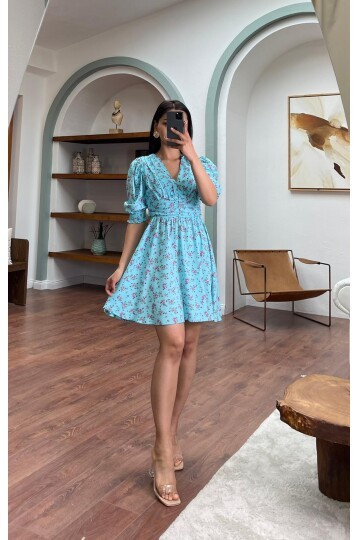 3093-MAVİ ÇİÇEKLİ DRAPELİ VİSKON ELBİSE