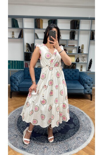 3098-FUŞYA SIFIR KOL KRİNKIL ÇİÇEK DESEN ELBİSE