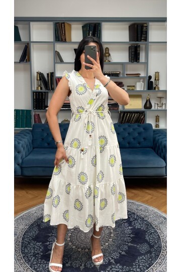 3098-OLİV SIFIR KOL KRİNKIL ÇİÇEK DESEN ELBİSE