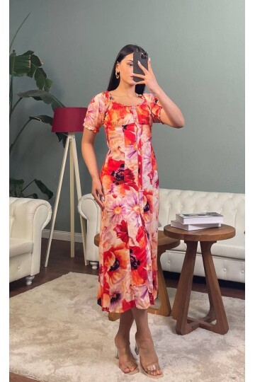 3149-PEMBE VİSKON KUMAŞ ÇİÇEKLİ ELBİSE