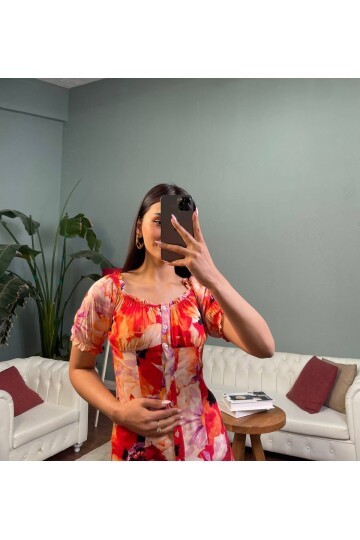 3149-PEMBE VİSKON KUMAŞ ÇİÇEKLİ ELBİSE