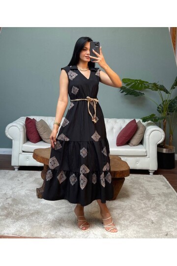 3159-SİYAH KETEN PUF DESENLİ BRODELİ ELBİSE