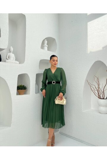 3314-HAKİ PLİSELİ ÇİÇEK DESEN KEMERLİ ELBİSE