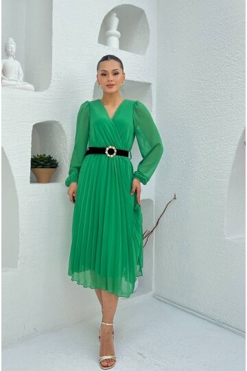 3314-YEŞİL PLİSELİ ÇİÇEK DESEN KEMERLİ ELBİSE