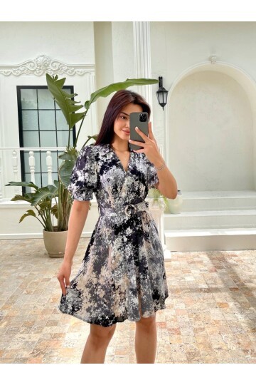 3414-SİYAH VİSKON KUMAŞ KISA KOL GÖMLEK ELBİSE