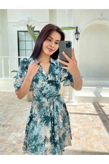 3414-YEŞİL VİSKON KUMAŞ KISA KOL GÖMLEK ELBİSE