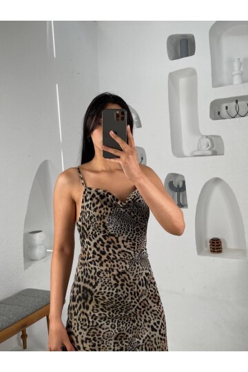 3541-LEOPAR DESEN SIFIR KOL TÜL ELBİSE
