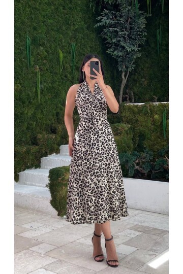 3543-BEJ LEOPAR SIRTI AÇIK ELBİSE