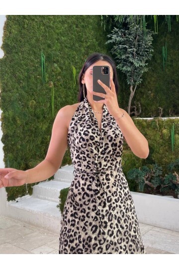 3543-BEJ LEOPAR SIRTI AÇIK ELBİSE