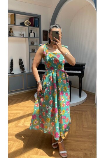 3557-OLİV ÇİÇEKLİ KARE YAKA ELBİSE