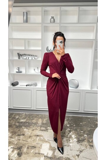 3633-BORDO SİMLİ BÜZGÜ DETAYLI ELBİSE
