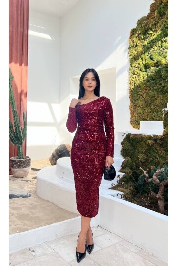 3650-BOROD TEK OMUZ MİDİ BOY PULPAYET ELBİSE