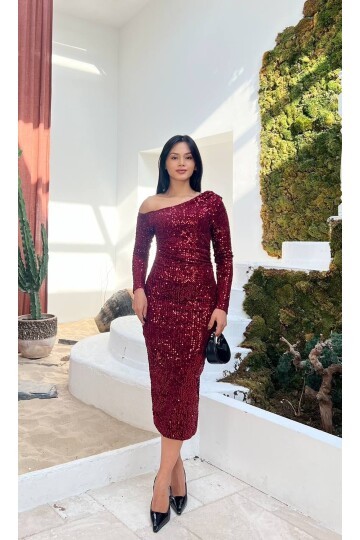 3650-BOROD TEK OMUZ MİDİ BOY PULPAYET ELBİSE