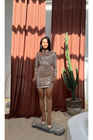 3651-BEJ BOĞAZLI OMUZLARI VATKALI PULPAYET ELBİSE