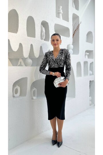 3676-GÜMÜŞ PULPAYET KRUVZE YAKA ELBİSE