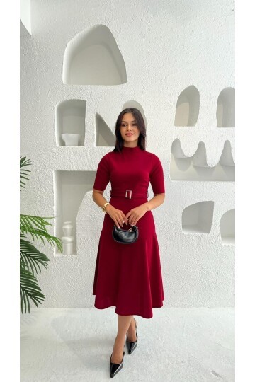 3677-BORDO BALIKÇI YAKA KİLOŞ ETEK KEMERLİ ELBİSE