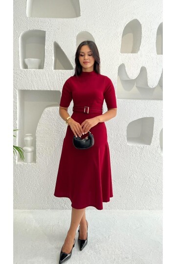 3677-BORDO BALIKÇI YAKA KİLOŞ ETEK KEMERLİ ELBİSE