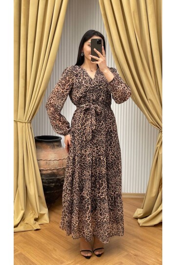 3709-LEOPAR DESEN FIRFIR DETAYLI ELBİSE