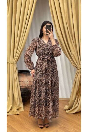 3709-LEOPAR DESEN FIRFIR DETAYLI ELBİSE