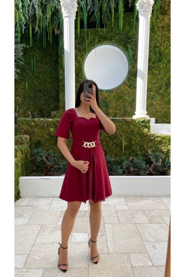 3712-BORDO GOLD KEMER DETAYLI ELBİSE