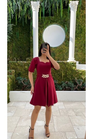 3712-BORDO GOLD KEMER DETAYLI ELBİSE